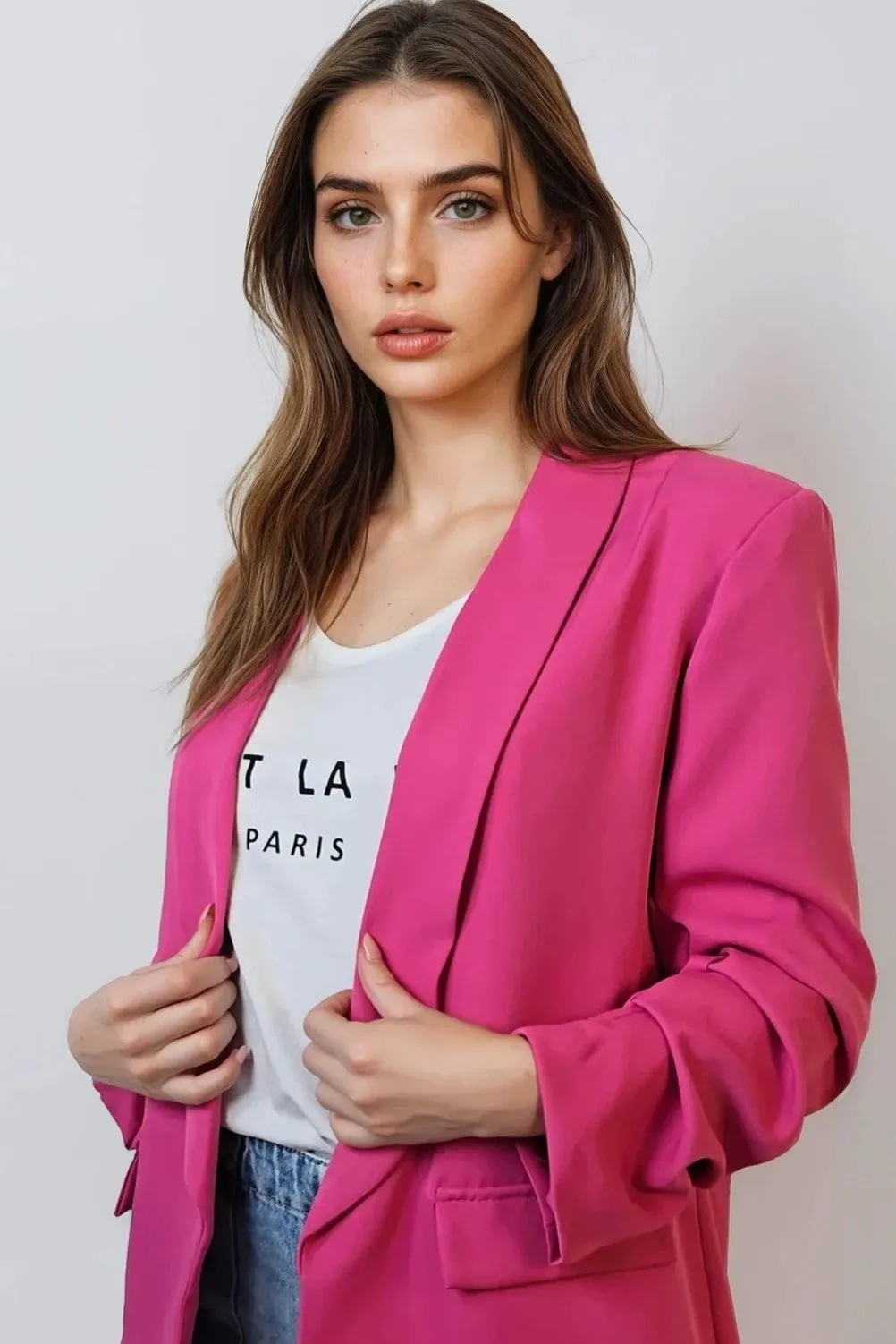 Fuchsia Blazer With Ruched Sleeves by Aftershock London sold by Goddiva product image thumbnail 2