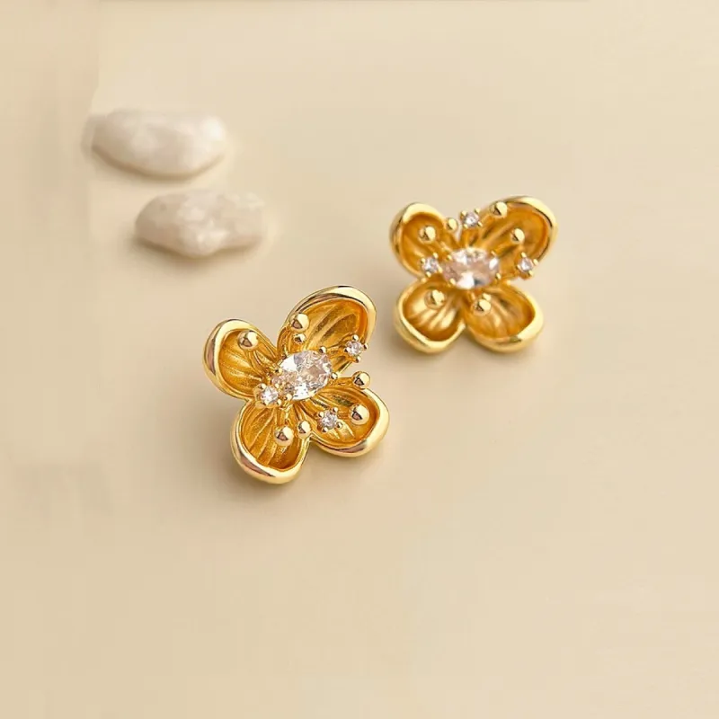Gold Flower Earring With 3D Filament And Cubic Zirconia by Last True Angel sold by Goddiva