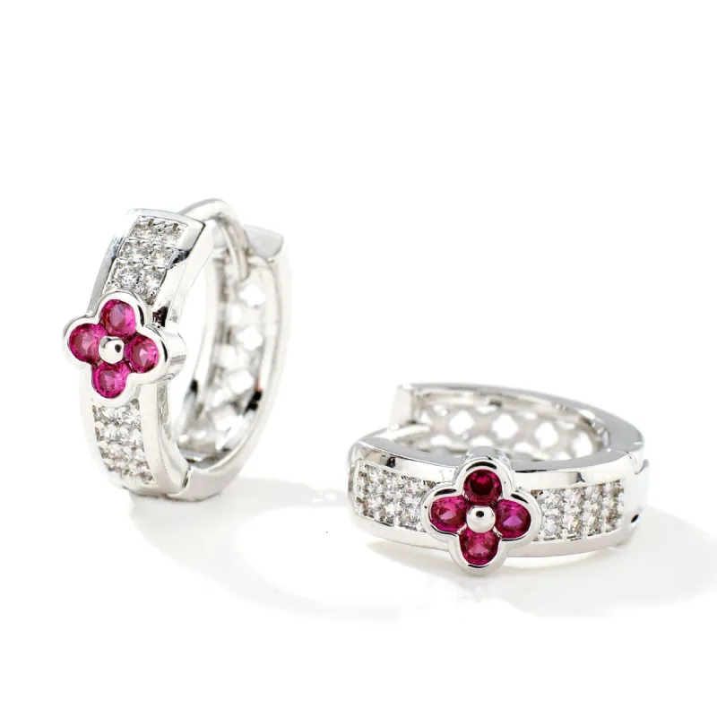 Cubic Zirconia Clover Embellished Huggie In Ruby Pink & Silver by Last True Angel sold by Goddiva