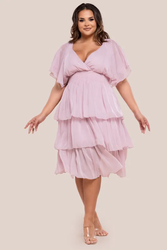 Plain Lurex Chiffon Tiered Midi Dress - Blush Pink by Goddiva Plus sold by Goddiva