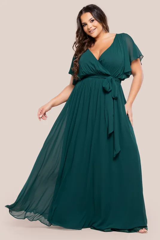 Goddiva Plus Flutter Sleeve Wrap Maxi Dress - Emerald Green sold by Goddiva