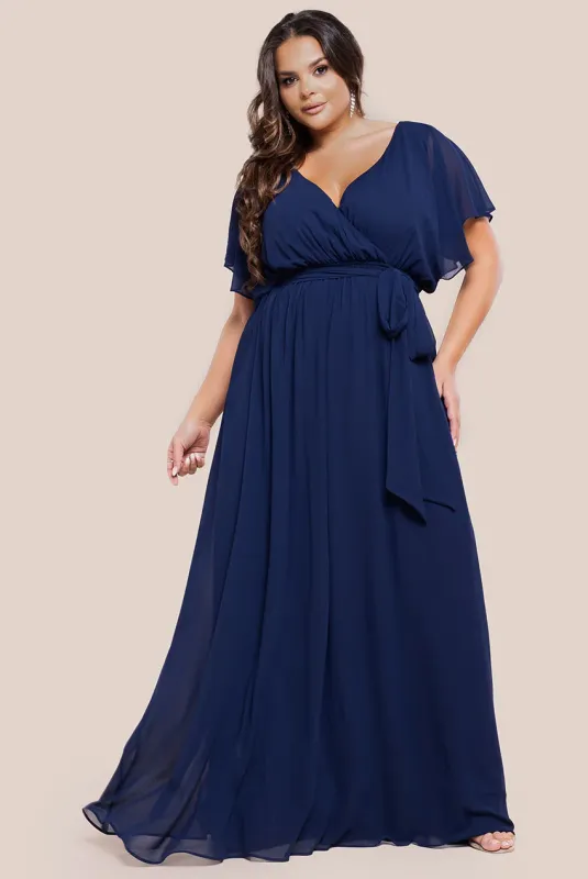 Goddiva Plus Flutter Sleeve Wrap Maxi Dress - Navy Blue sold by Goddiva
