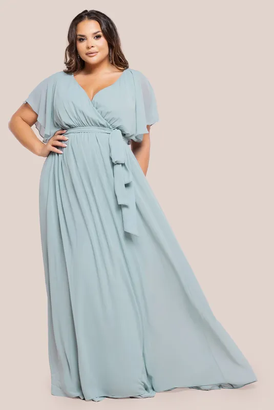 Goddiva Plus Flutter Sleeve Wrap Maxi Dress - Sage Green sold by Goddiva