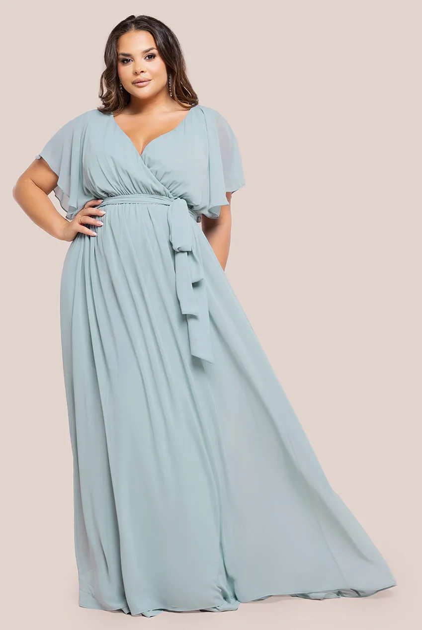 Goddiva Plus Flutter Sleeve Wrap Maxi Dress - Sage Green sold by Goddiva