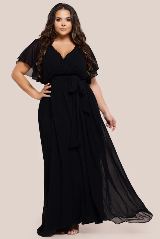 Goddiva Plus Flutter Sleeve Wrap Maxi Dress - Black sold by Goddiva