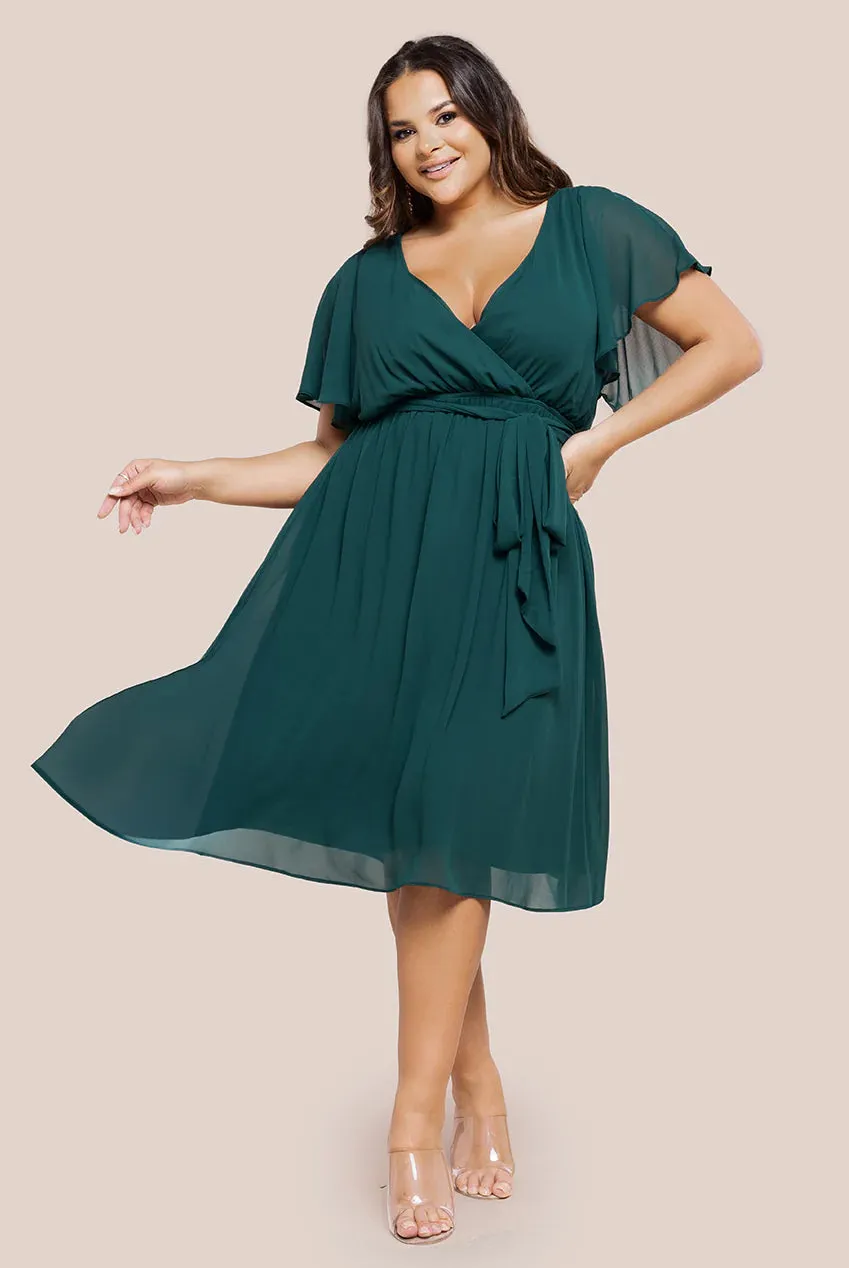 Flutter Sleeve Wrap Midi Dress - Emerald Green by Goddiva Plus sold by Goddiva