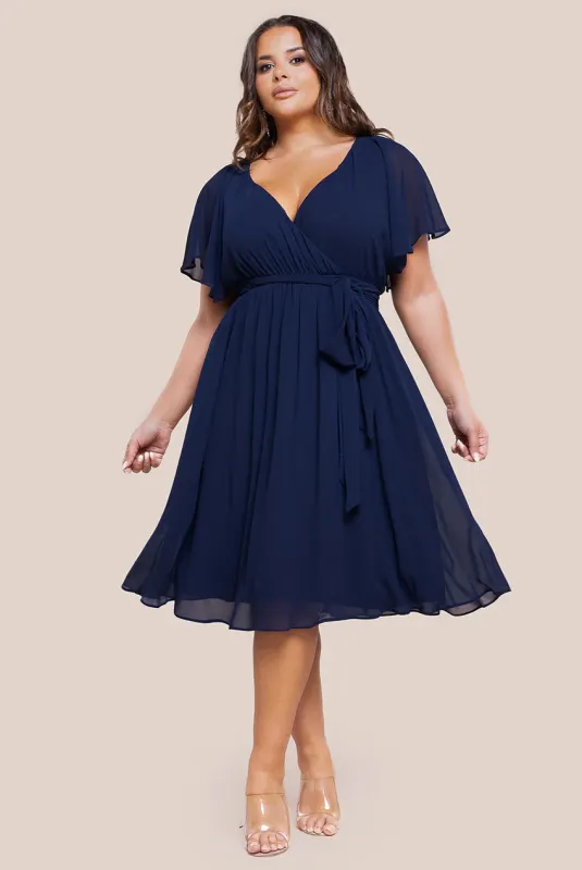 Goddiva Plus Flutter Sleeve Wrap Midi Dress - Navy Blue sold by Goddiva