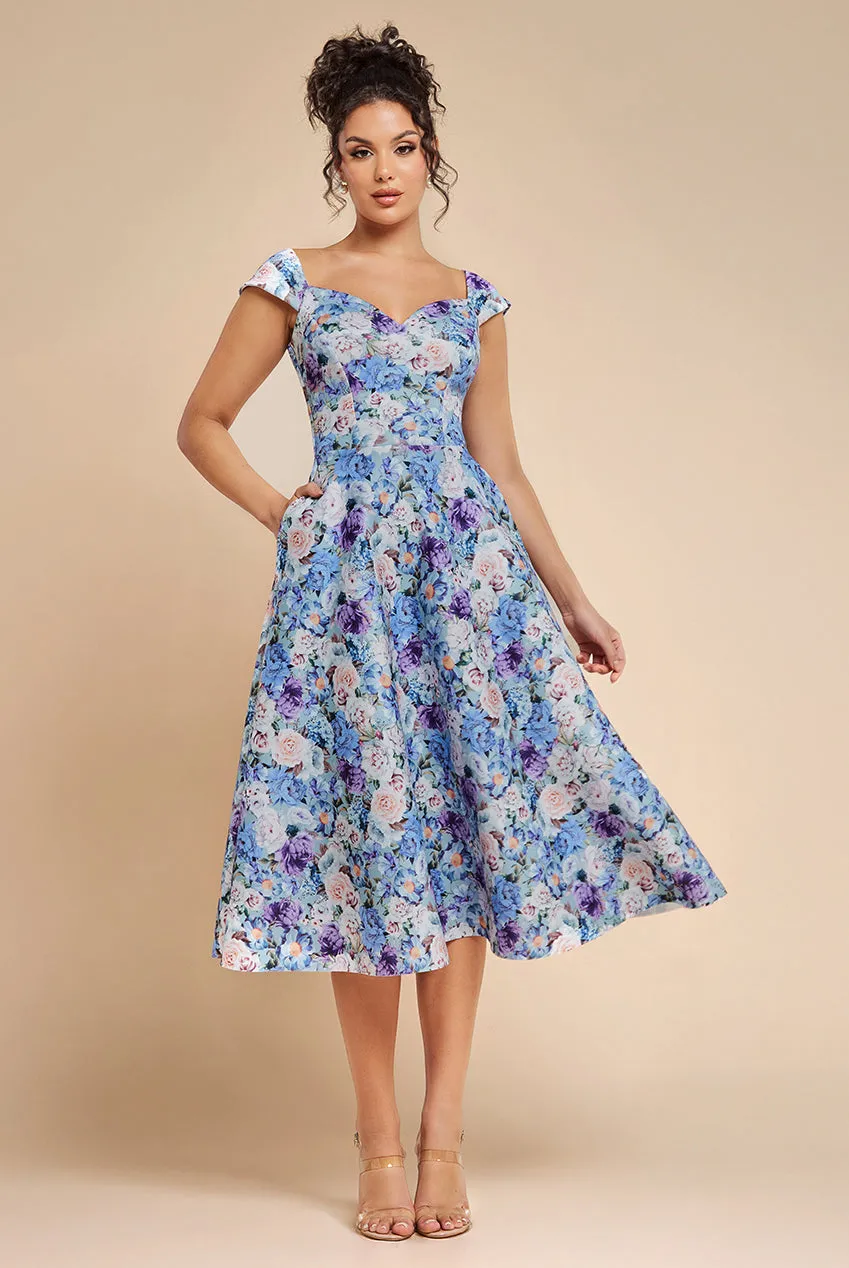 Floral Print A-Line Sweetheart Midi Dress - Powder Blue by Goddiva sold by Goddiva