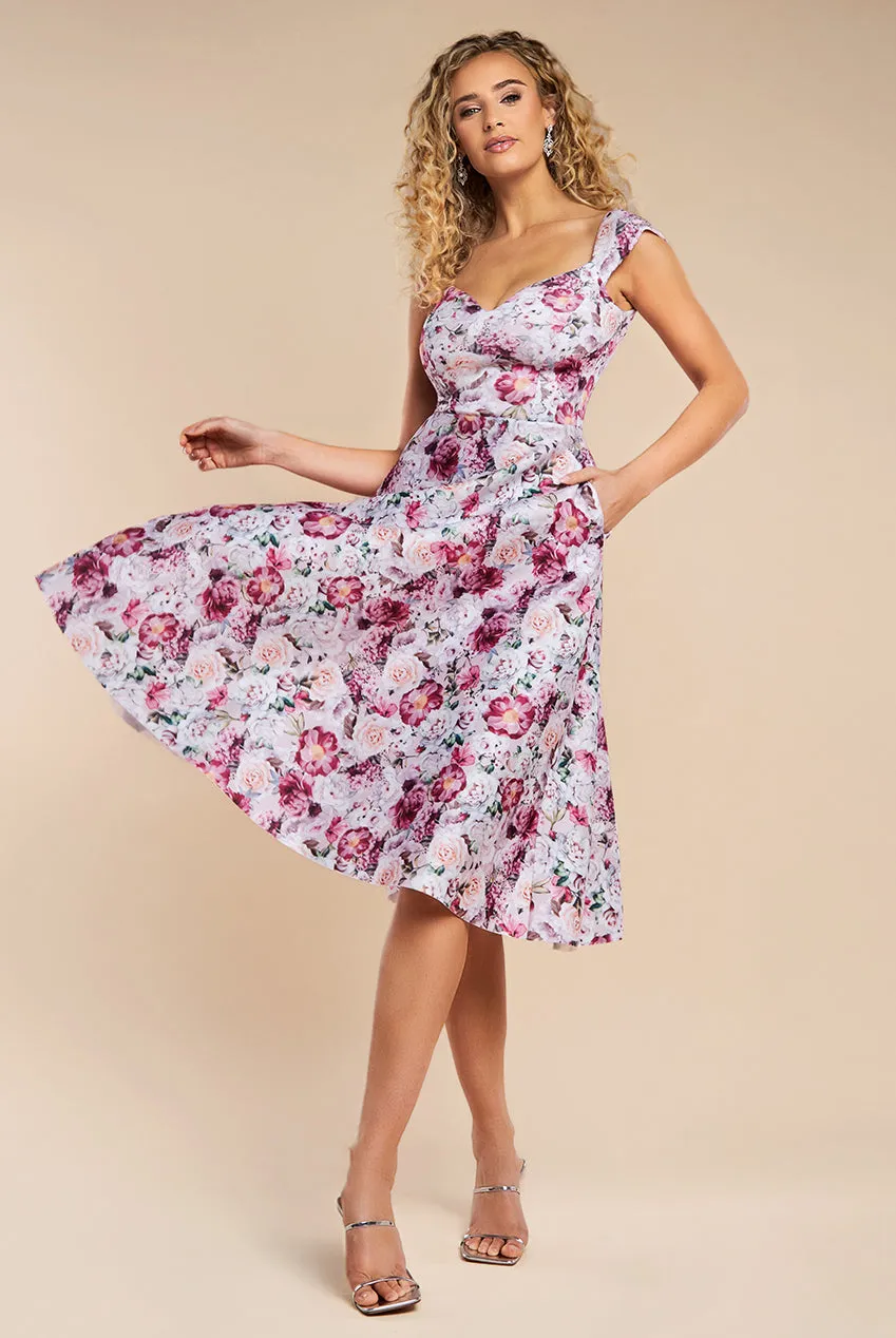 Floral Print A-Line Sweetheart Midi Dress - Blush Pink by Goddiva sold by Goddiva
