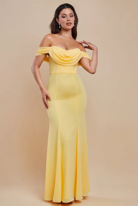 Chiffon Bardot Cowl Neck Maxi Dress - Lemon by Goddiva made by Goddiva