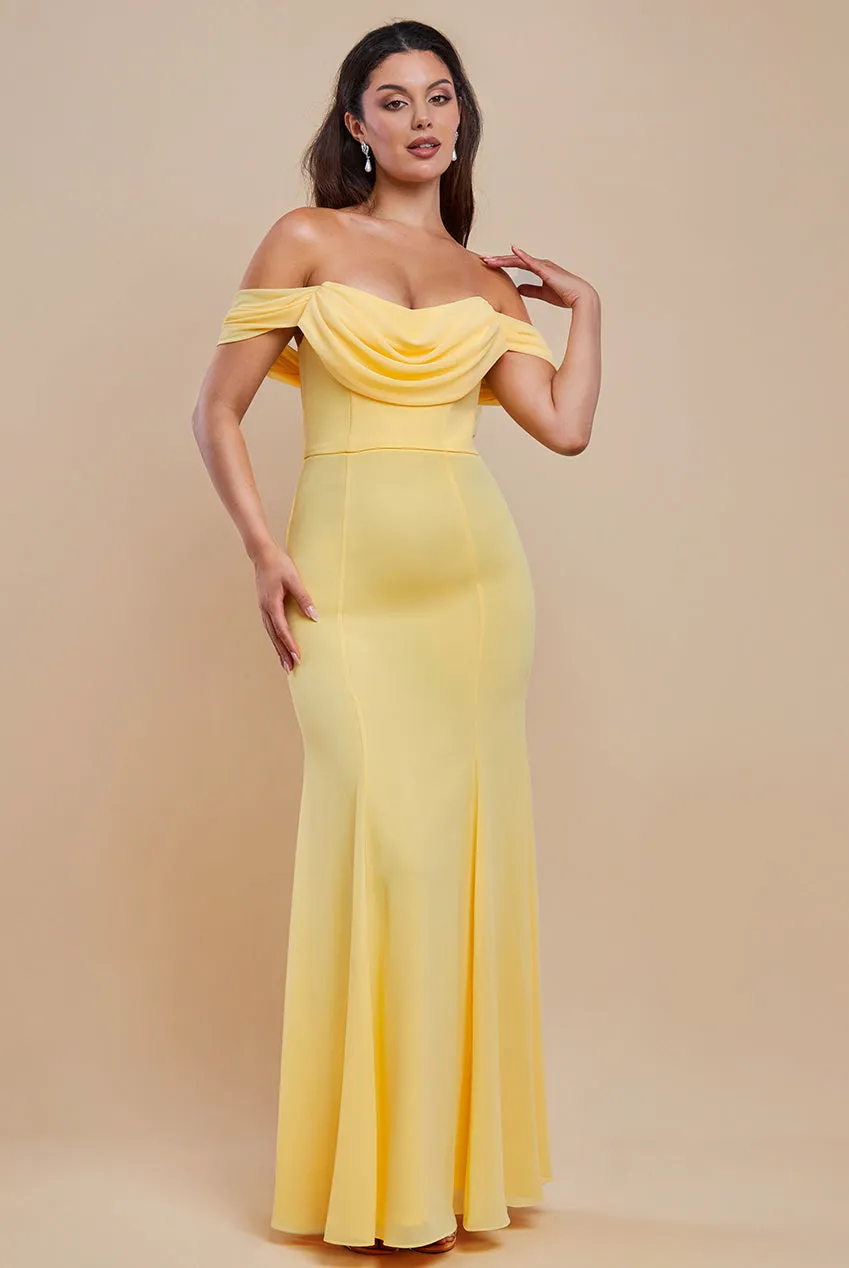 Chiffon Bardot Cowl Neck Maxi Dress - Lemon by Goddiva sold by Goddiva