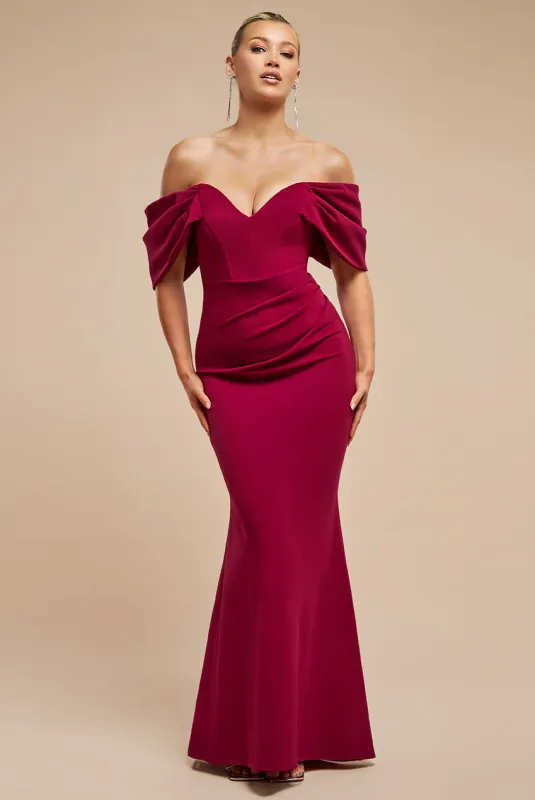 Off The Shoulder Draped Sleeve Maxi Dress - Burgundy by Goddiva sold by Goddiva