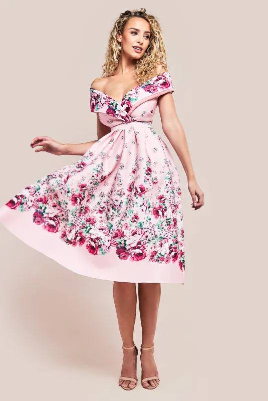 Bardot Floral Print A-Line Scuba Foam Midi Dress - Blush by Goddiva sold by Goddiva
