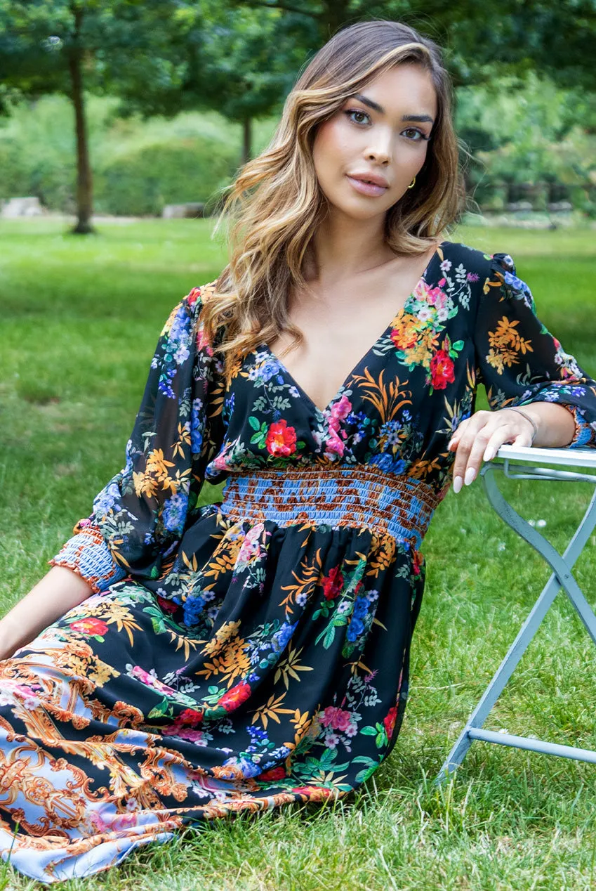 Goddiva Chiffon Wrap Border Floral Print Midi Dress - Black sold by Goddiva