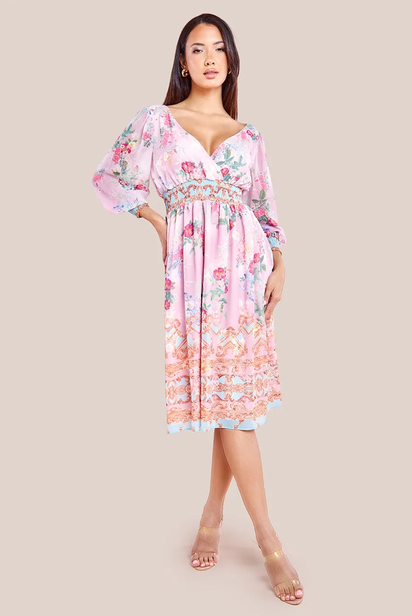 Goddiva Chiffon Wrap Border Floral Print Midi Dress - Pink sold by Goddiva
