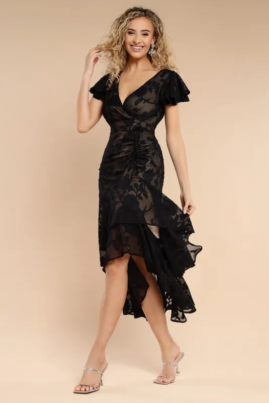 Jacquard Chiffon Wrap High Low Midaxi Dress - Black by Goddiva sold by Goddiva