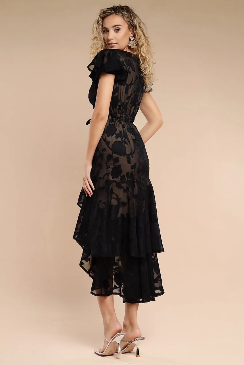 Jacquard Chiffon Wrap High Low Midaxi Dress - Black by Goddiva sold by Goddiva product image thumbnail 2