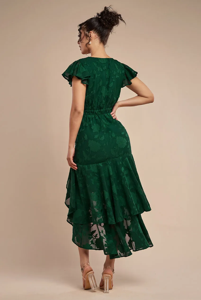 Jacquard Chiffon Wrap High Low Midaxi Dress - Emerald Green by Goddiva sold by Goddiva product image thumbnail 2