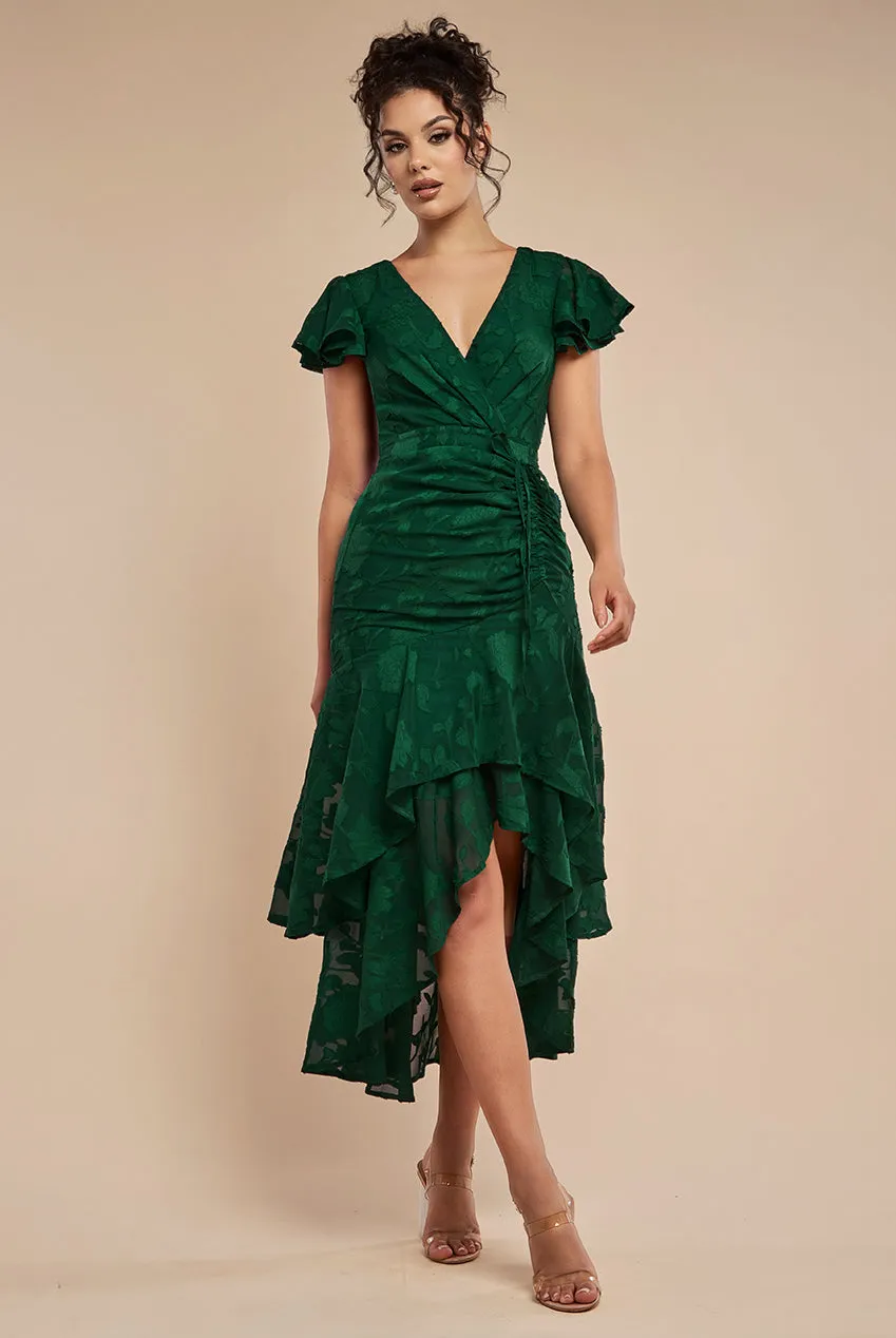 Jacquard Chiffon Wrap High Low Midaxi Dress - Emerald Green by Goddiva sold by Goddiva