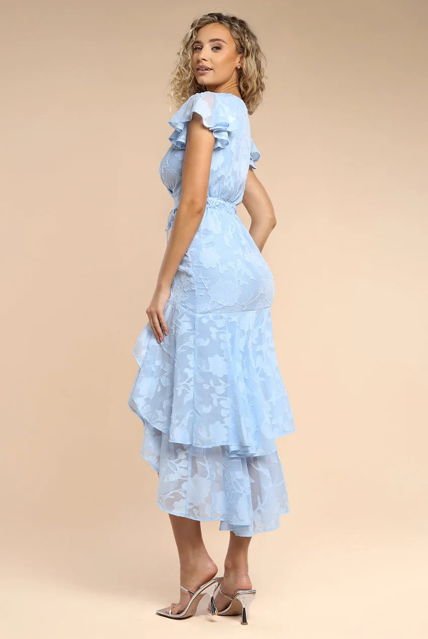 Jacquard Chiffon Wrap High Low Midaxi Dress - Blue by Goddiva sold by Goddiva product image thumbnail 2