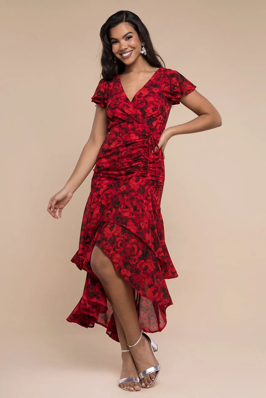 Floral Wrap High And Low Midaxi Dress - Red by Goddiva sold by Goddiva