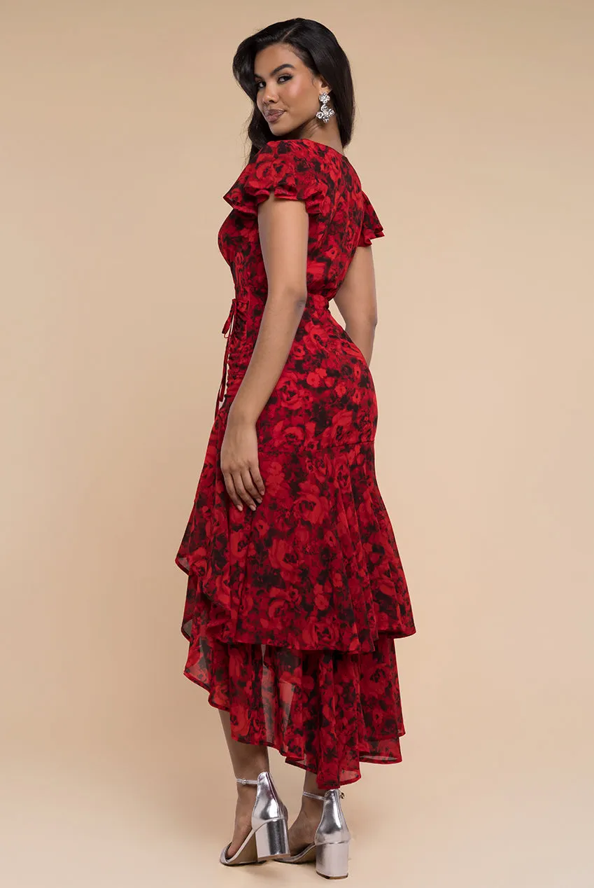 Floral Wrap High And Low Midaxi Dress - Red by Goddiva sold by Goddiva product image thumbnail 2