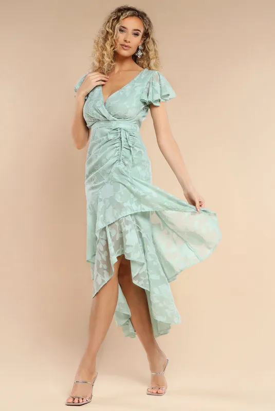 Jacquard Chiffon Wrap High Low Midaxi Dress - SageGreen by Goddiva sold by Goddiva