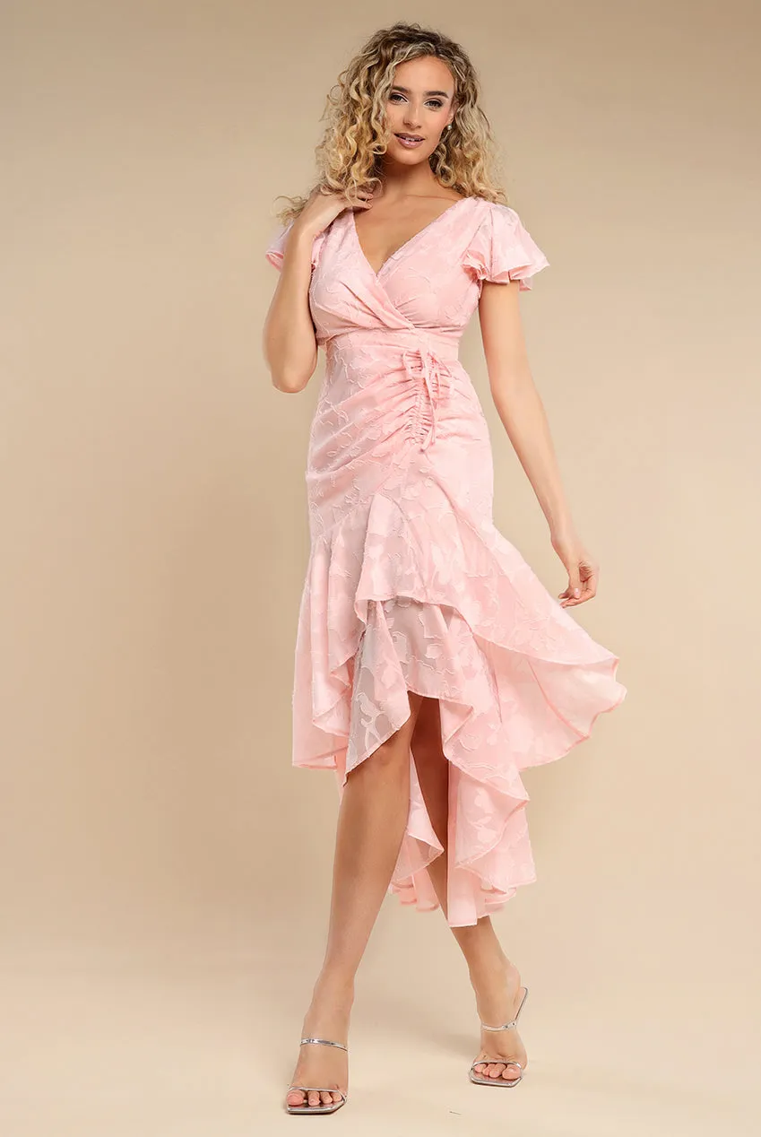 Jacquard Chiffon Wrap High Low Midaxi Dress - Pink by Goddiva sold by Goddiva