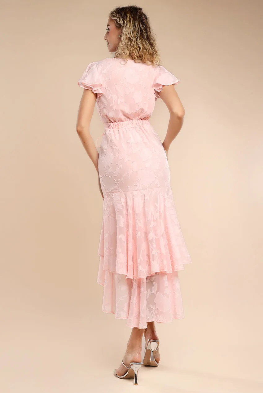 Jacquard Chiffon Wrap High Low Midaxi Dress - Pink by Goddiva sold by Goddiva product image thumbnail 2