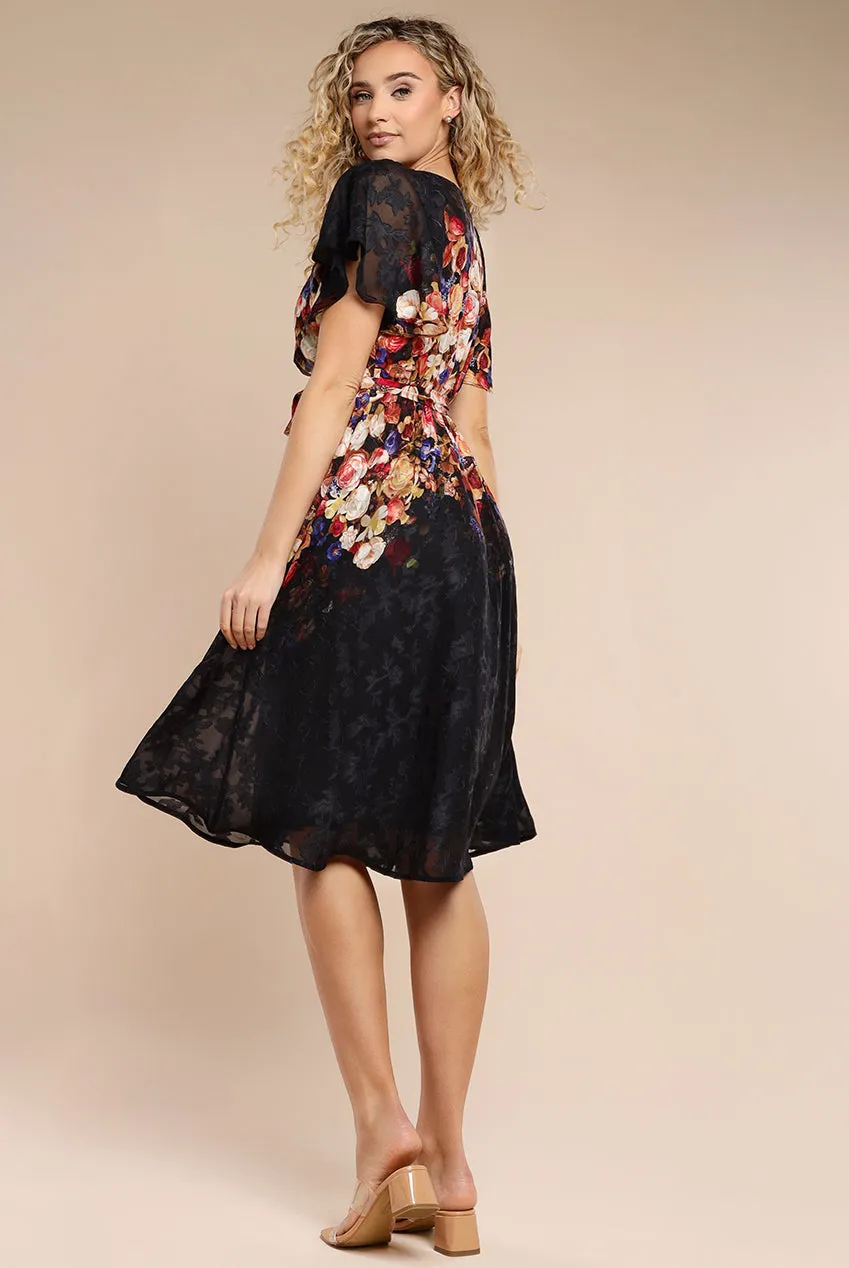 Floral Flutter Sleeve Wrap Midi Dress - Black by Goddiva sold by Goddiva product image thumbnail 2