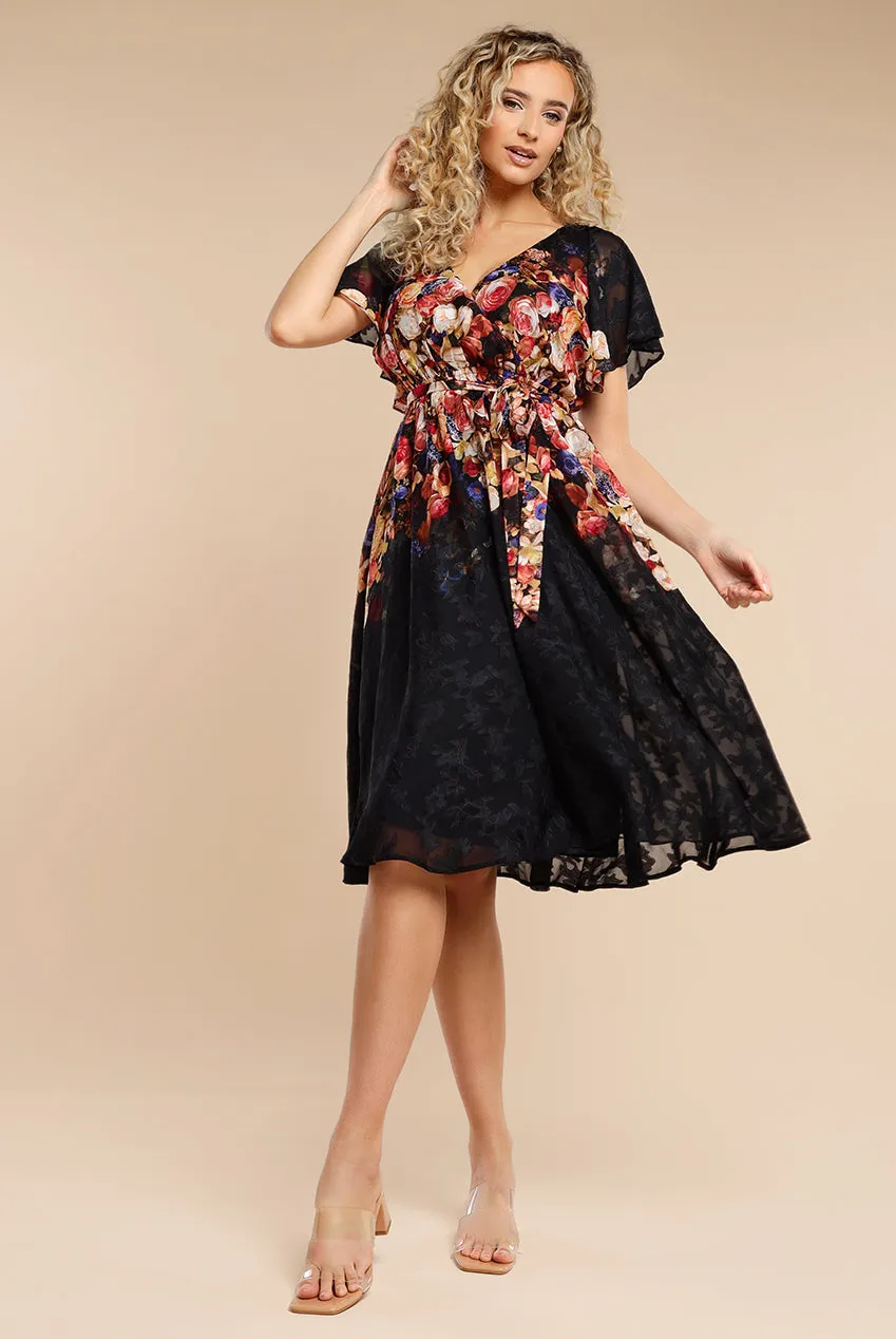 Floral Flutter Sleeve Wrap Midi Dress - Black by Goddiva sold by Goddiva