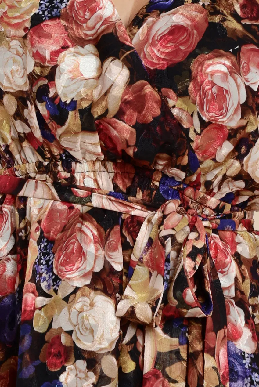 Floral Flutter Sleeve Wrap Midi Dress - Black by Goddiva sold by Goddiva product image thumbnail 4