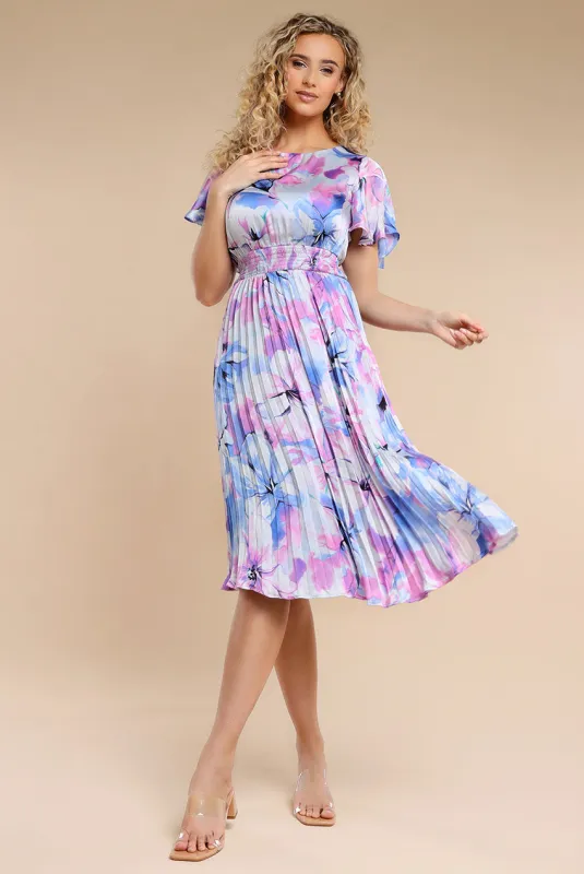 Flutter Sleeve Pleated Skirt Floral Midi Dress - Blue by Goddiva sold by Goddiva
