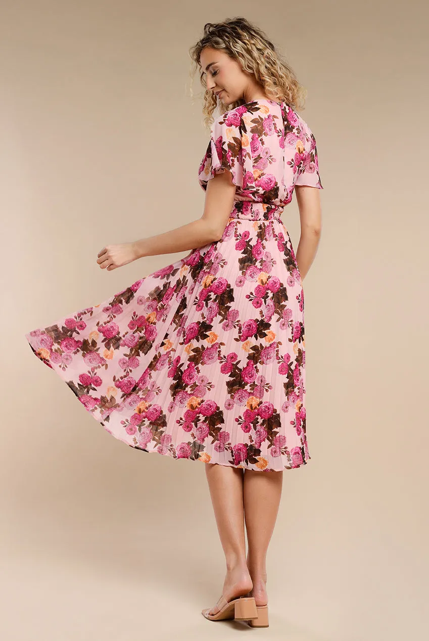 Flutter Sleeve Pleated Skirt Floral Midi Dress - Pink by Goddiva sold by Goddiva product image thumbnail 2