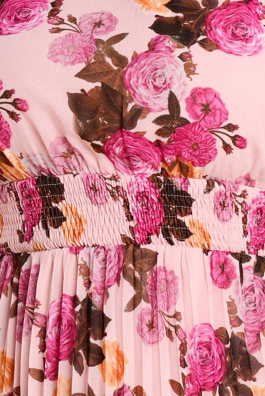 Flutter Sleeve Pleated Skirt Floral Midi Dress - Pink by Goddiva sold by Goddiva product image thumbnail 4