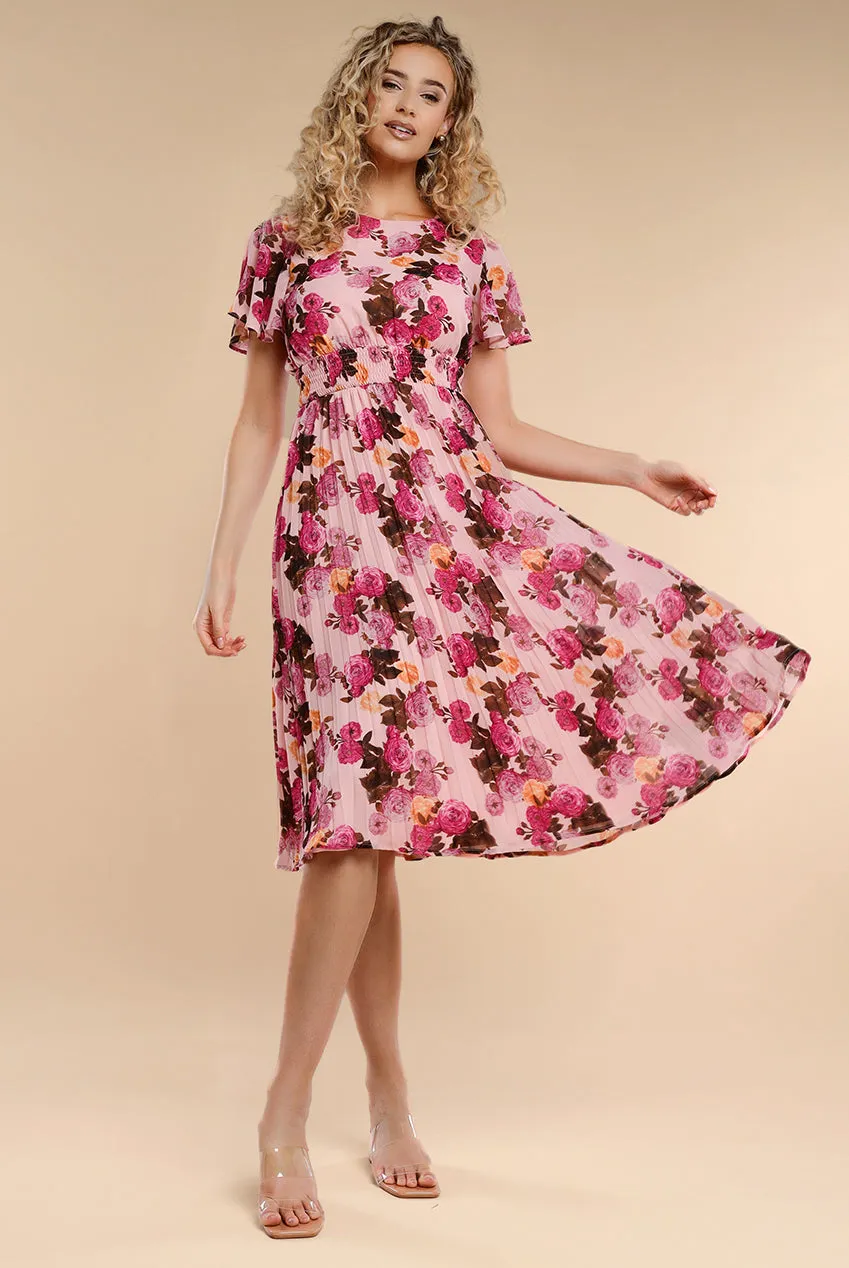 Flutter Sleeve Pleated Skirt Floral Midi Dress - Pink by Goddiva sold by Goddiva