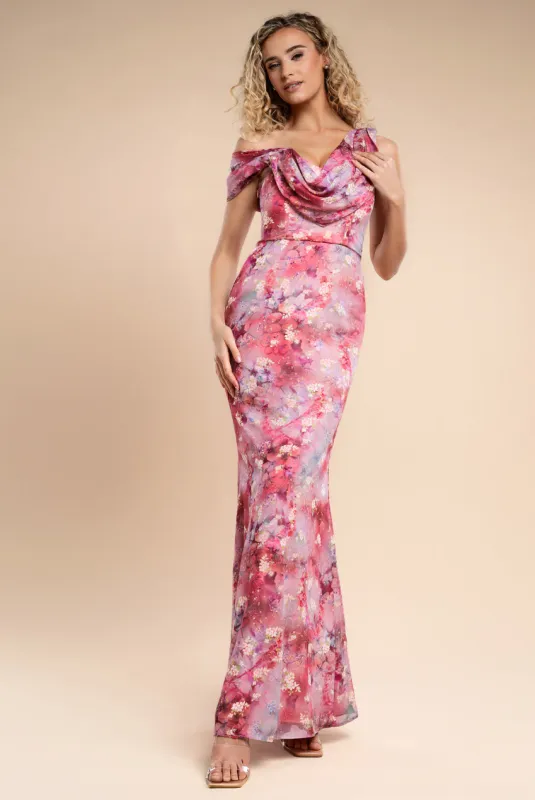 One Shoulder Cowl Neck Chiffon Floral Maxi Dress - Pink by Goddiva sold by Goddiva