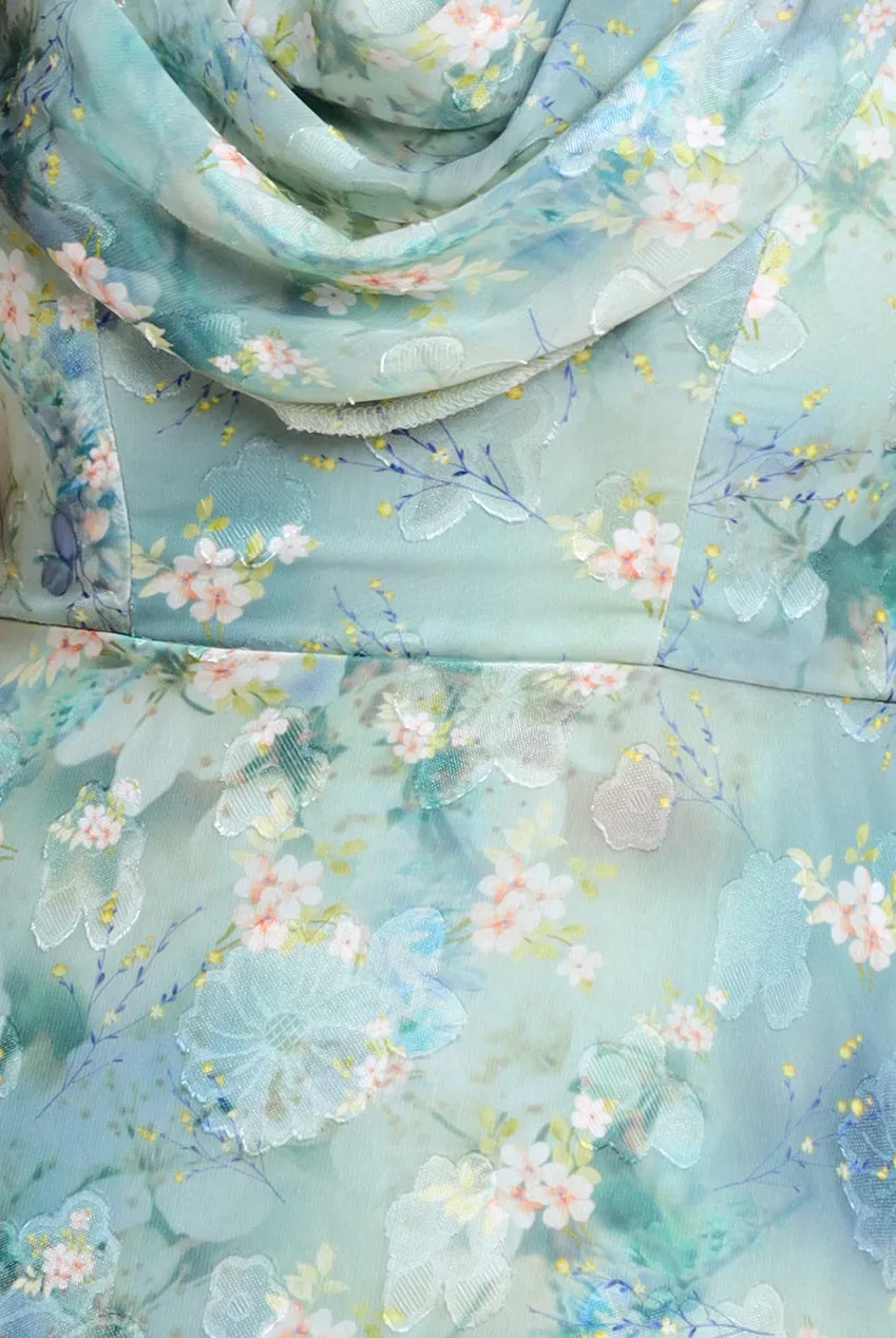 One Shoulder Cowl Neck Chiffon Floral Maxi Dress - Blue by Goddiva sold by Goddiva product image thumbnail 4