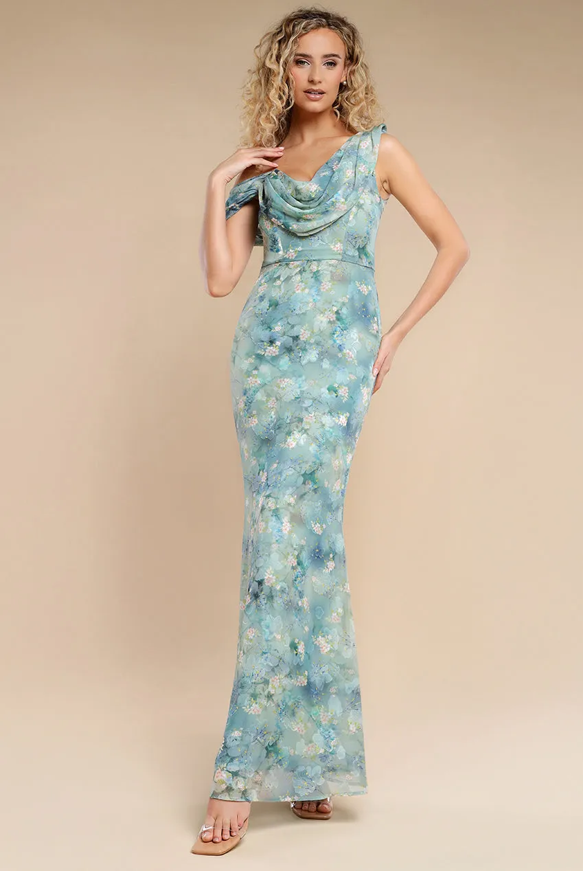 One Shoulder Cowl Neck Chiffon Floral Maxi Dress - Blue by Goddiva sold by Goddiva