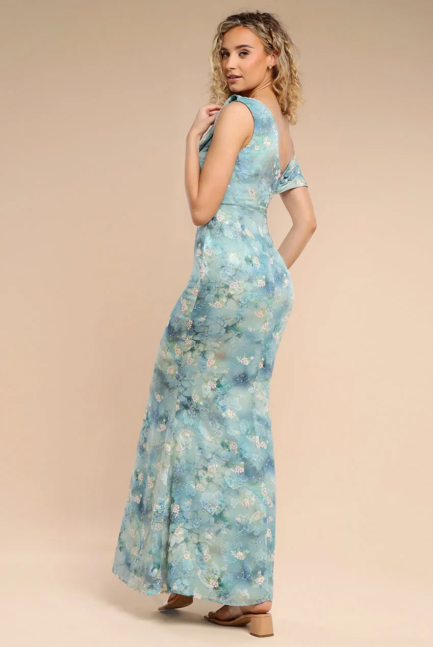 One Shoulder Cowl Neck Chiffon Floral Maxi Dress - Blue by Goddiva sold by Goddiva product image thumbnail 2