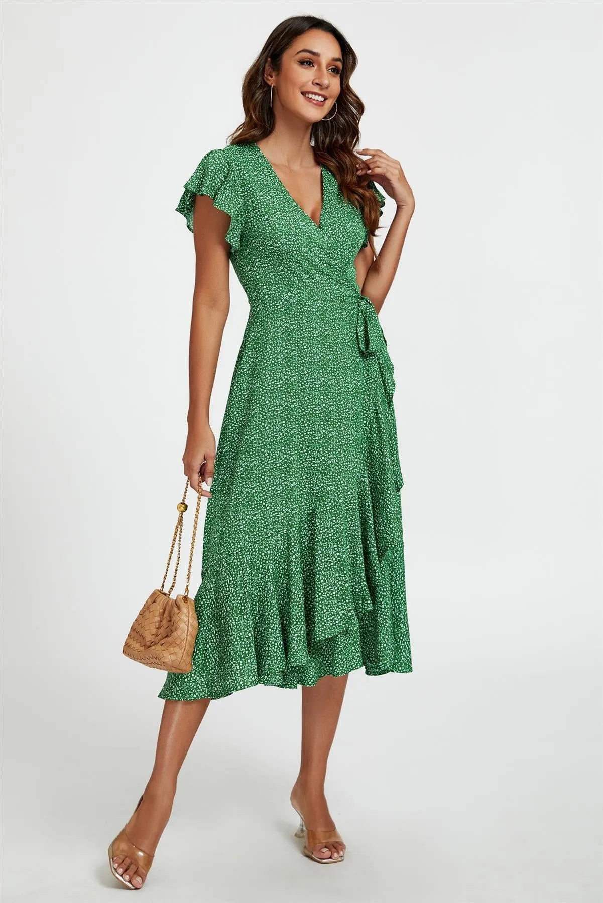 Little Floral Frill Sleeve Midi Wrap Dress In Green by FS Collection sold by Goddiva product image thumbnail 5