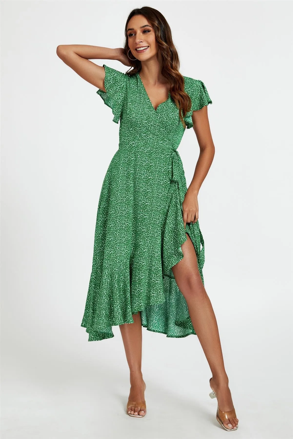 Little Floral Frill Sleeve Midi Wrap Dress In Green by FS Collection sold by Goddiva product image thumbnail 3