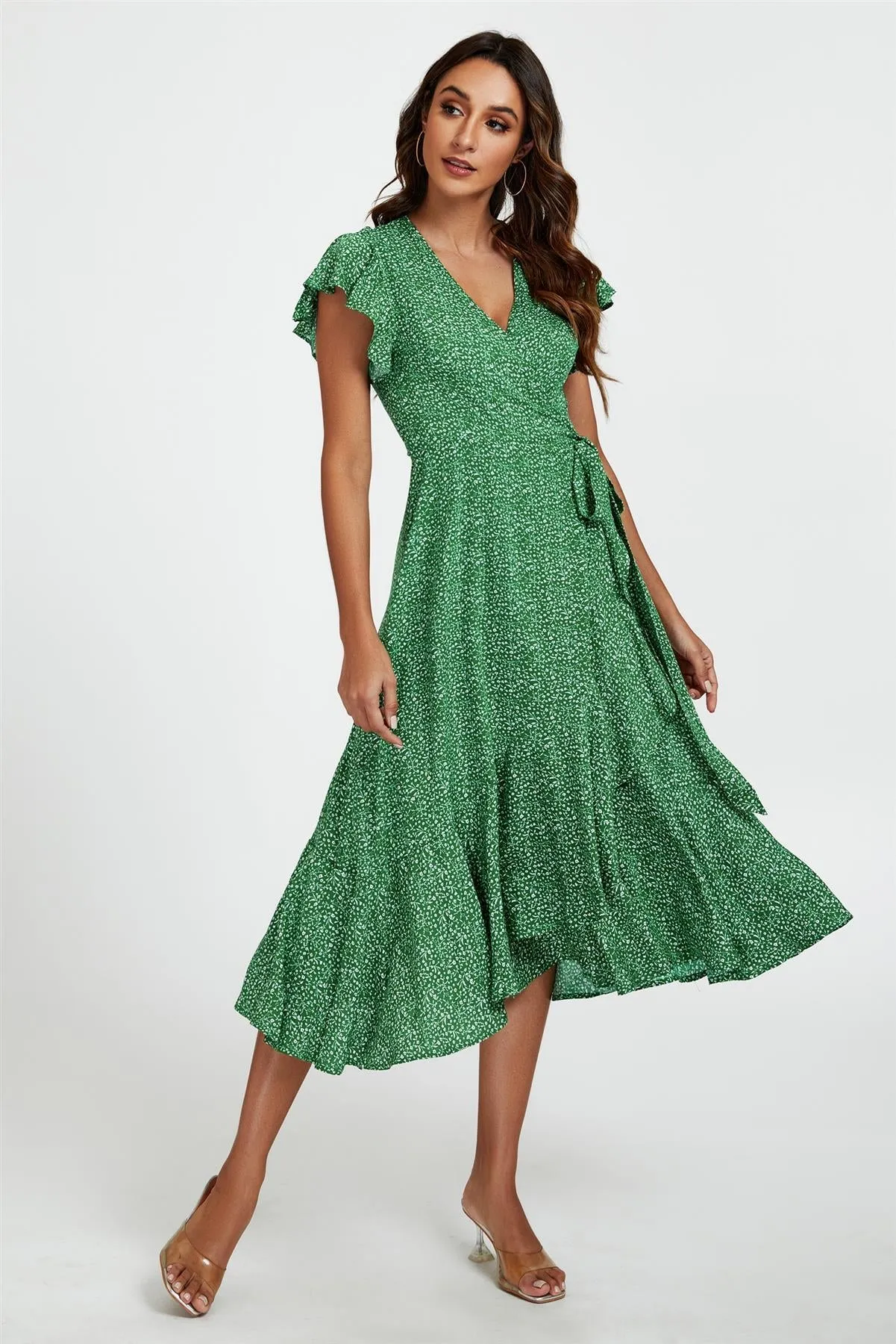 Little Floral Frill Sleeve Midi Wrap Dress In Green by FS Collection sold by Goddiva product image thumbnail 4