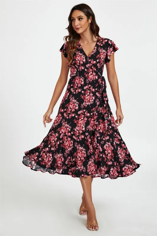 Pink Floral Frill Sleeve Midi Wrap Dress In Black by FS Collection sold by Goddiva