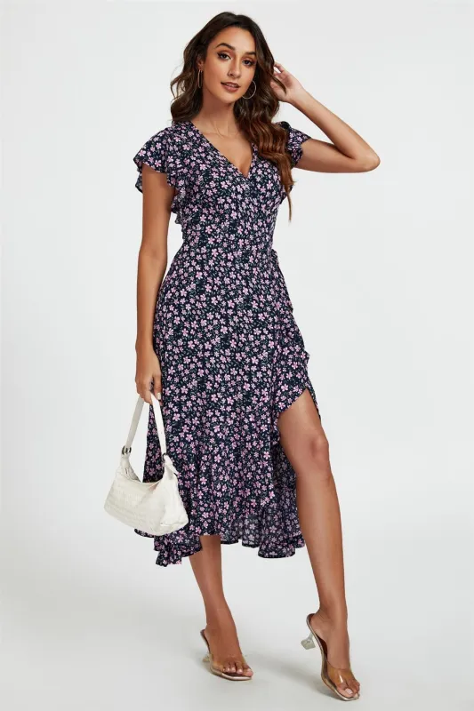 Floral Frill Sleeve Midi Wrap Dress In Navy by FS Collection sold by Goddiva