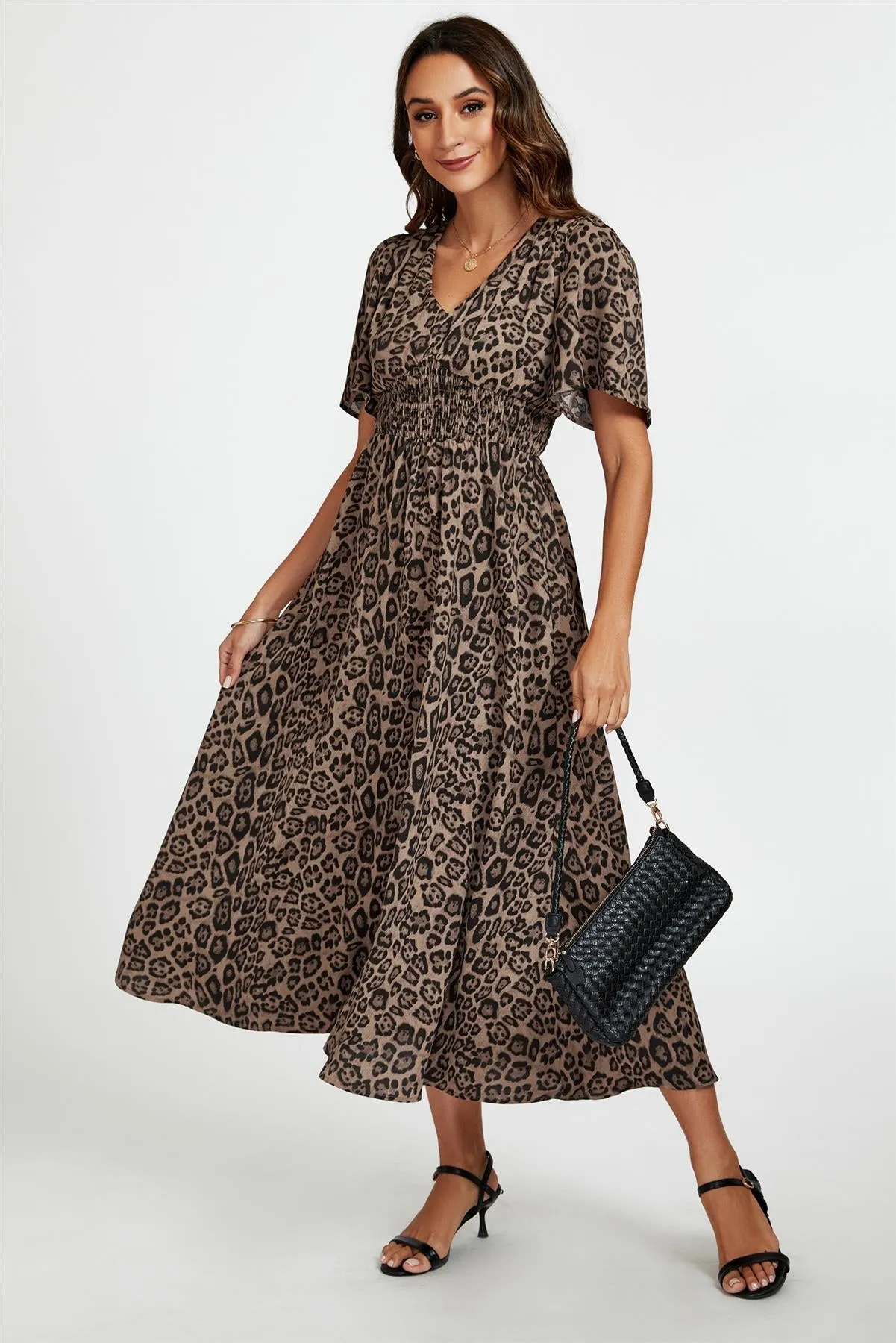 Leopard Print V Neck Midi Dress In Brown by FS Collection sold by Goddiva product image thumbnail 5