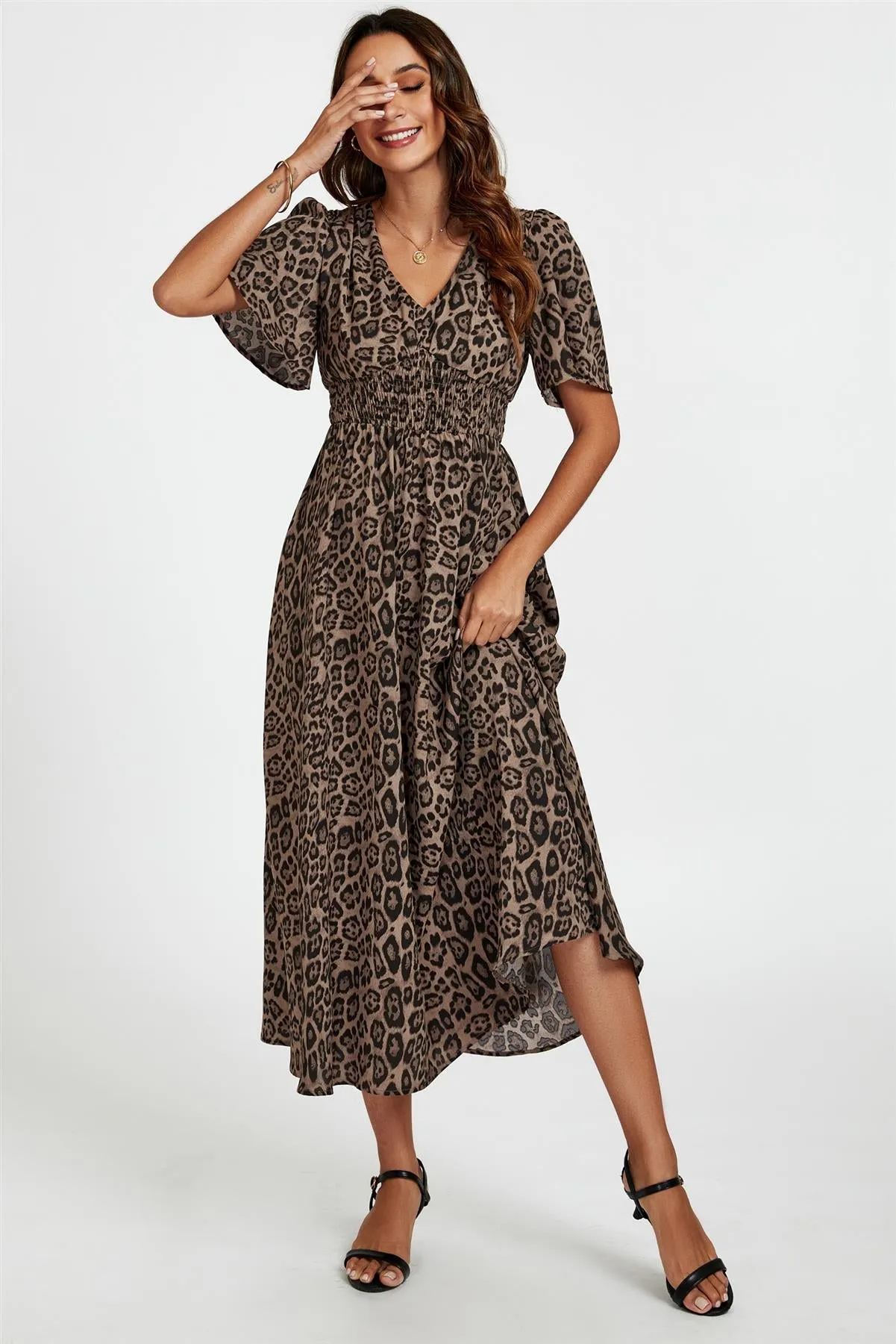 Leopard Print V Neck Midi Dress In Brown by FS Collection sold by Goddiva product image thumbnail 3