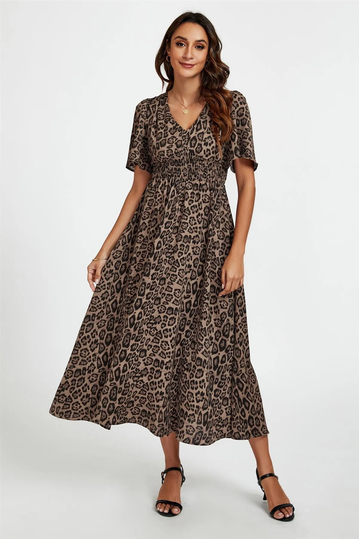 Leopard Print V Neck Midi Dress In Brown by FS Collection sold by Goddiva