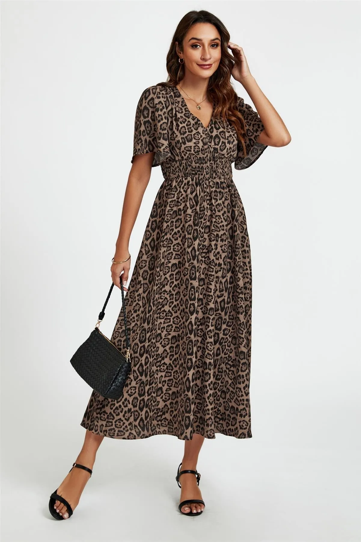 Leopard Print V Neck Midi Dress In Brown by FS Collection sold by Goddiva product image thumbnail 4