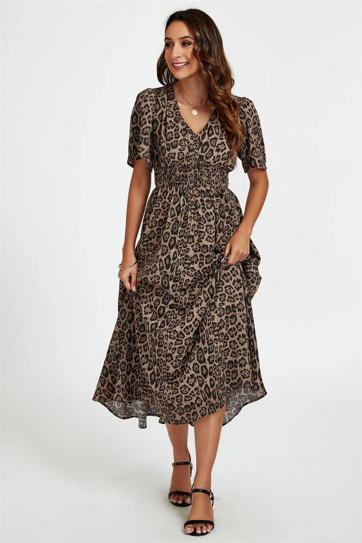 Leopard Print V Neck Midi Dress In Brown by FS Collection sold by Goddiva product image thumbnail 2